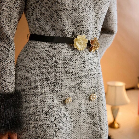 Black And White Elegant Women's Premium Tweed Faux Fur Mini Dress - Picture 5 of 7